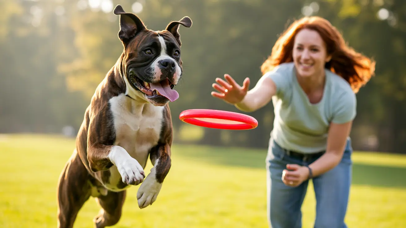 Energetic Boxer dog leaping mid-air to catch a red flying disc in a sunny outdoor setting