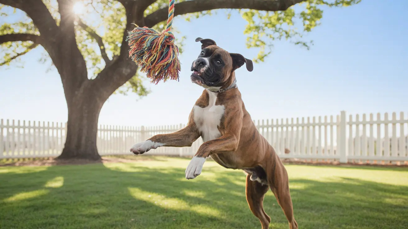 Boxer dog leaping energetically to grab a colorful rope toy hanging from a tree branch