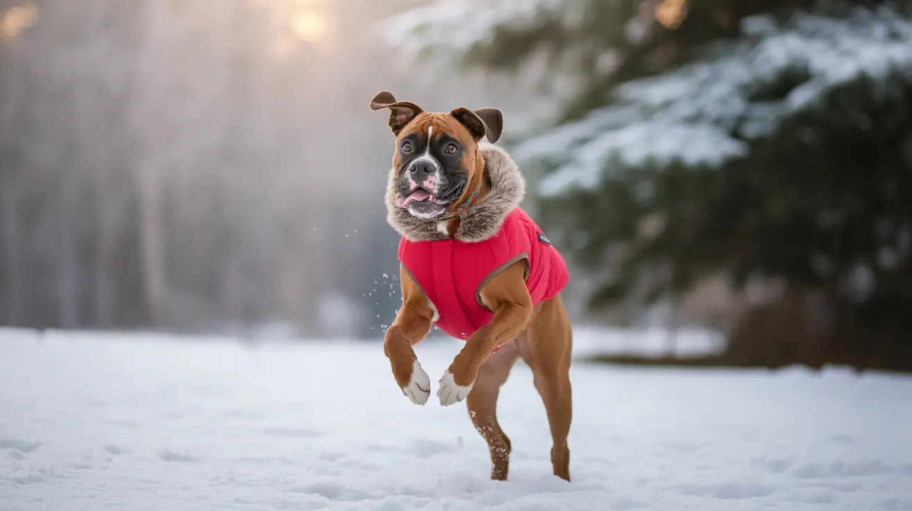 Playful Boxer dog wearing a bright red winter coat with a fur collar leaping through a snowy landscape