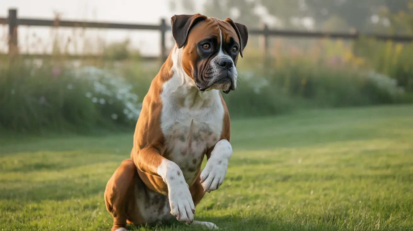 緑の芝生の上に注意深く座っている堂々としたボクサー犬。背景には木製のフェンスが見える。