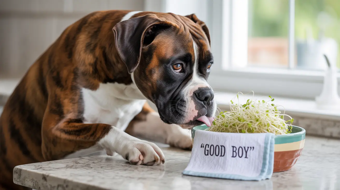 A Boxer dog gently licking sprouts from a bowl with a 'Good Boy' towel nearby