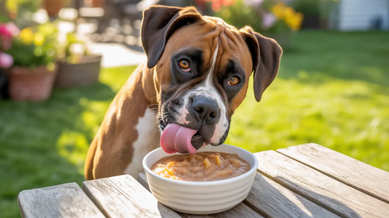 Boxer dog licking lips while eating from white ceramic bowl on wooden surface