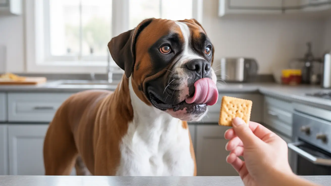 Boxer dog eagerly licking lips while being offered a cracker in a kitchen
