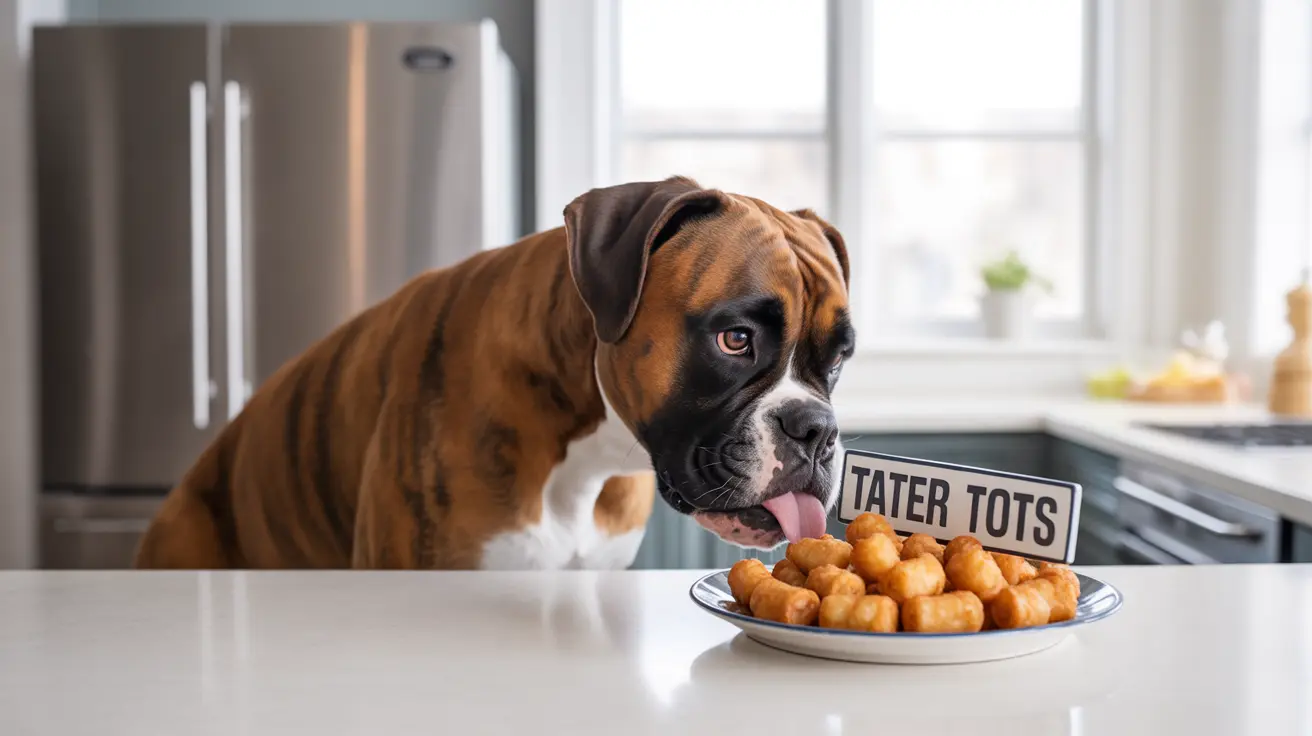 A Boxer dog looking longingly at a plate of tater tots in a kitchen setting