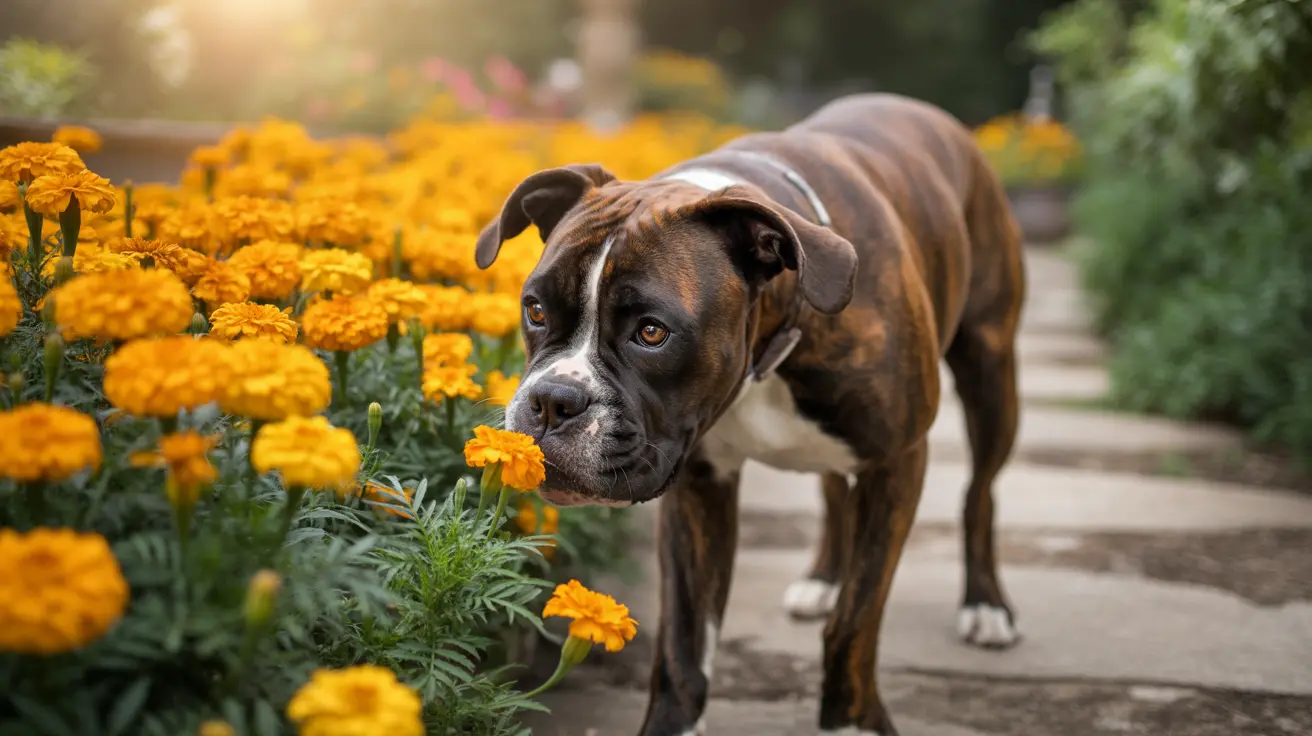 Un perro Boxer de pelaje atigrado junto a flores de cempasúchil naranjas vibrantes en un camino de jardín.