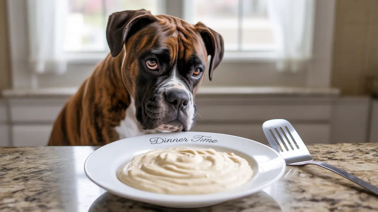 Un perro Boxer observa con deseo un plato de puré de patatas durante la hora de la cena.