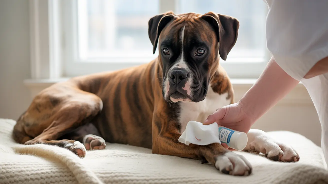 Boxer dog lying on a bed with a bandaged paw receiving medical treatment from a person