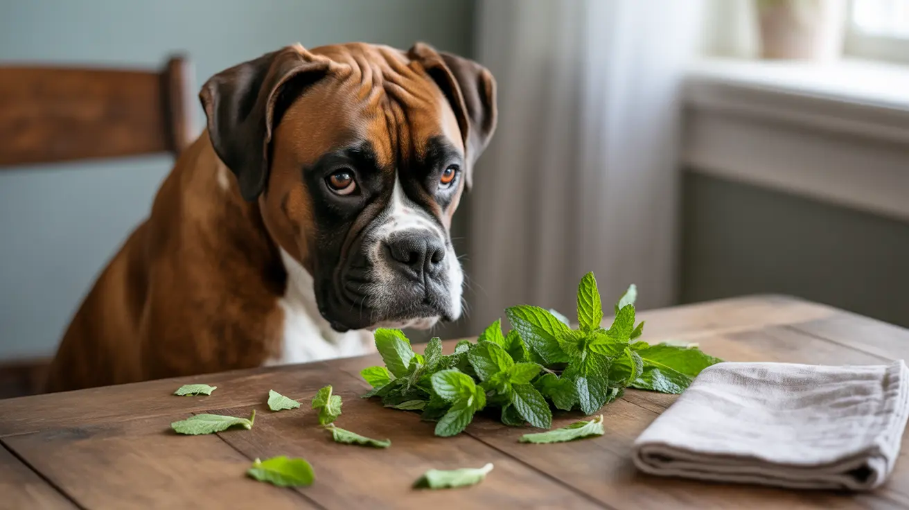 A Boxer dog sitting at a wooden table with fresh mint leaves, looking intently at the camera