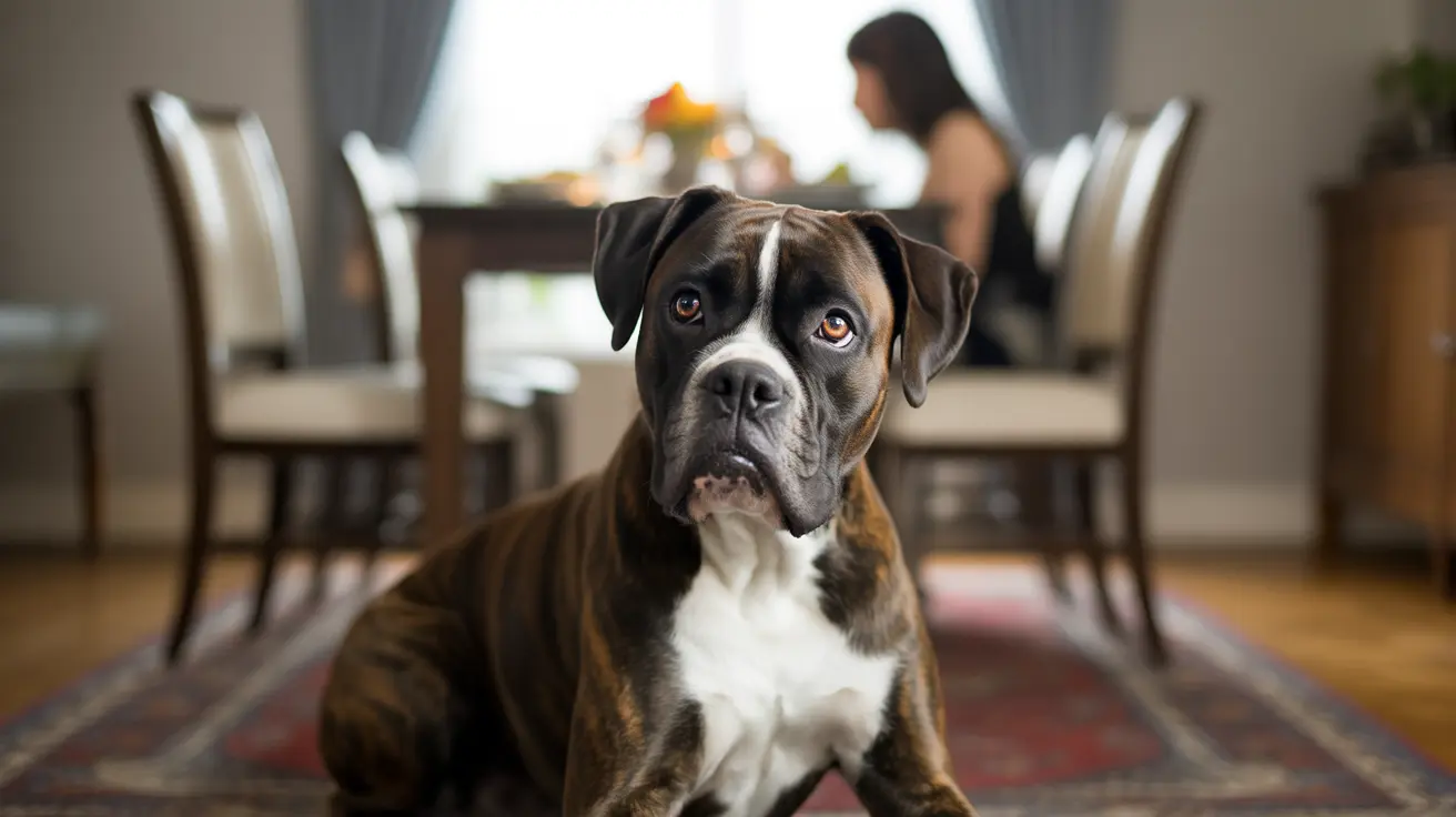 Boxer dog sitting calmly on patterned rug in modern dining room with person blurred in background