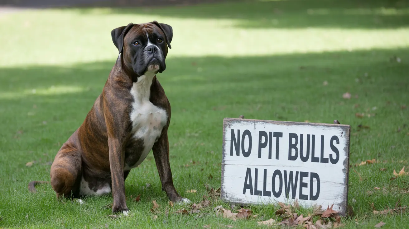 Un perro bóxer sentado junto a un cartel que dice 'No se permiten Pit Bulls' en un área de césped, con un contraste irónico y ligeramente humorístico.