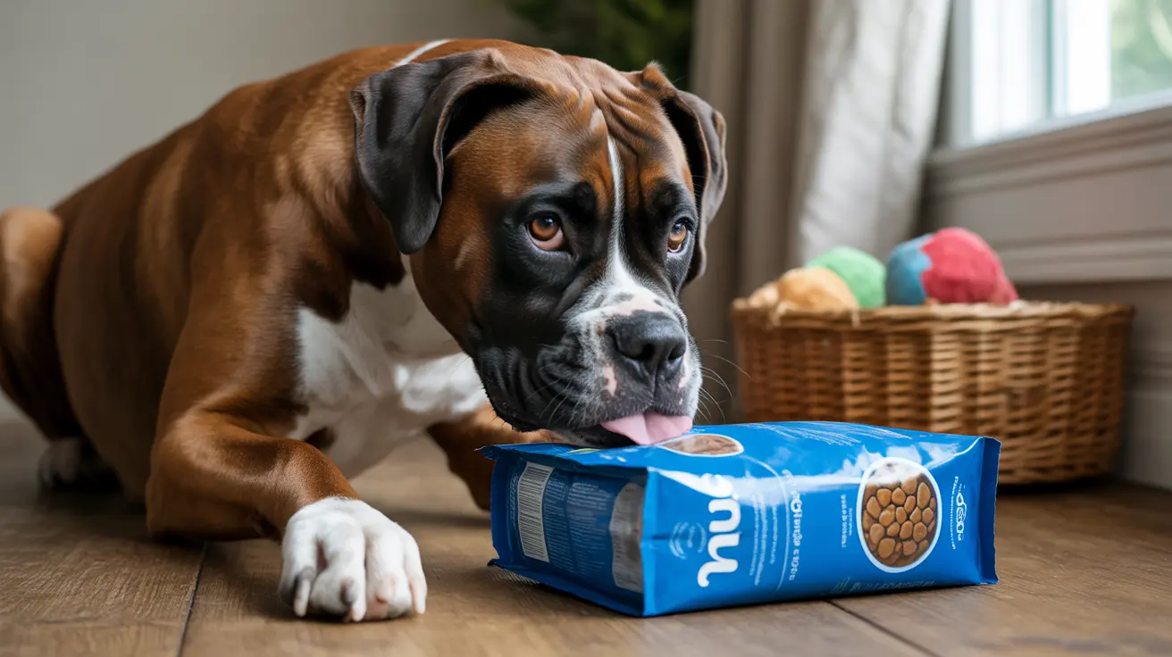 A Boxer dog sitting beside a blue food bag, licking its lips with a basket of toys in the background