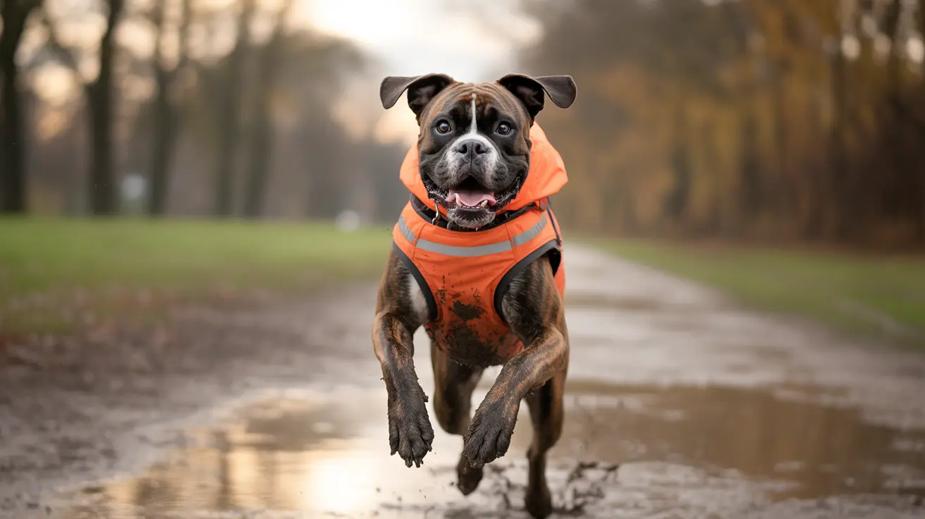 Boxer dog running on muddy park path wearing bright orange safety vest