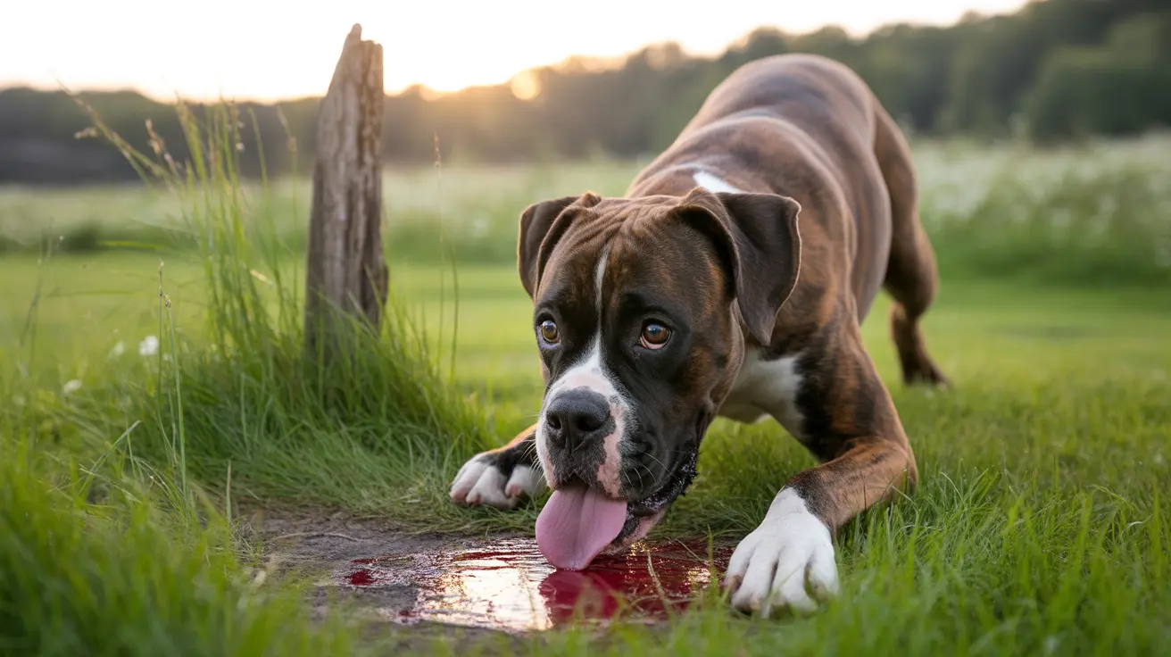 A Boxer dog lying on grass near a wooden post, panting during golden hour light