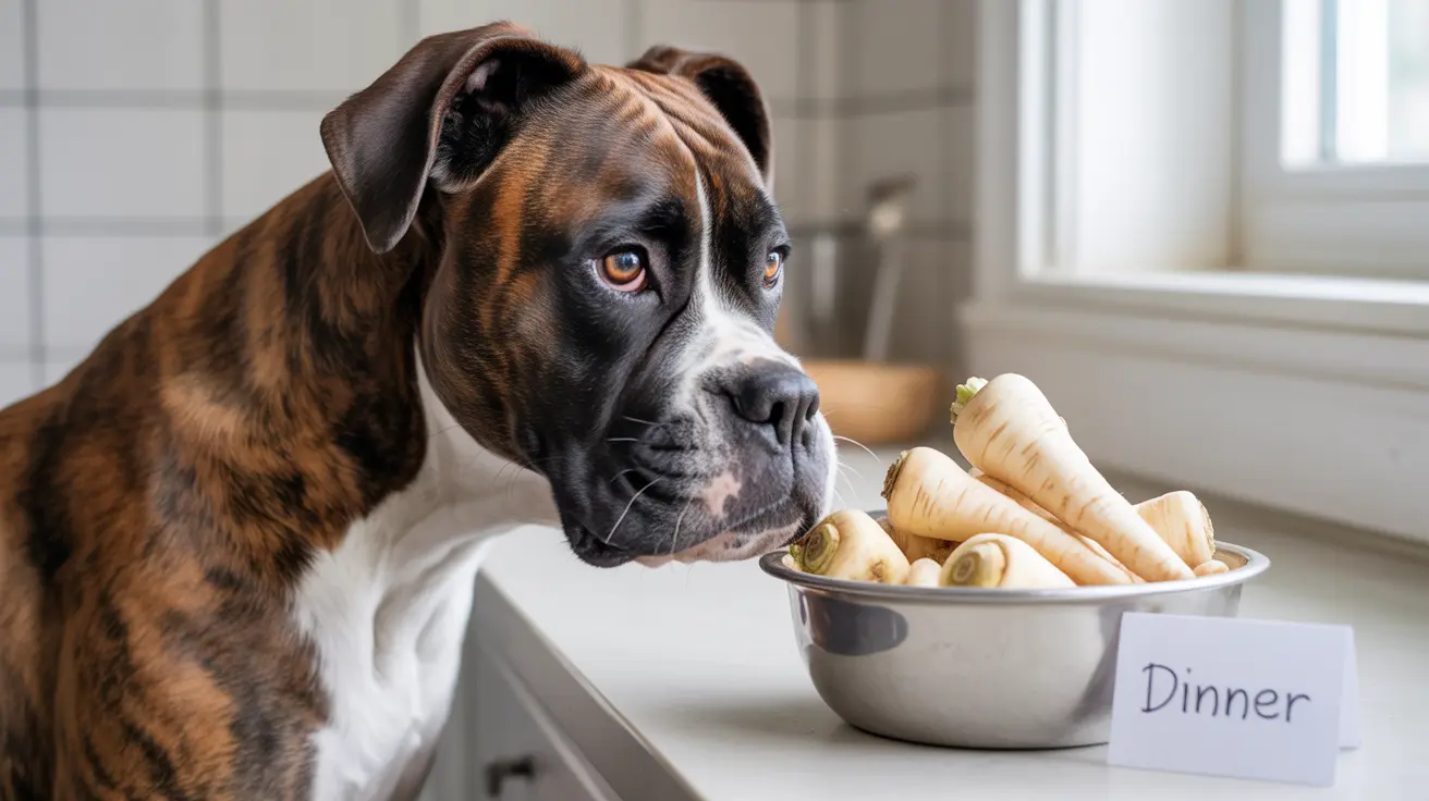 A Boxer dog looking intently at a bowl of parsnips labeled 'Dinner'