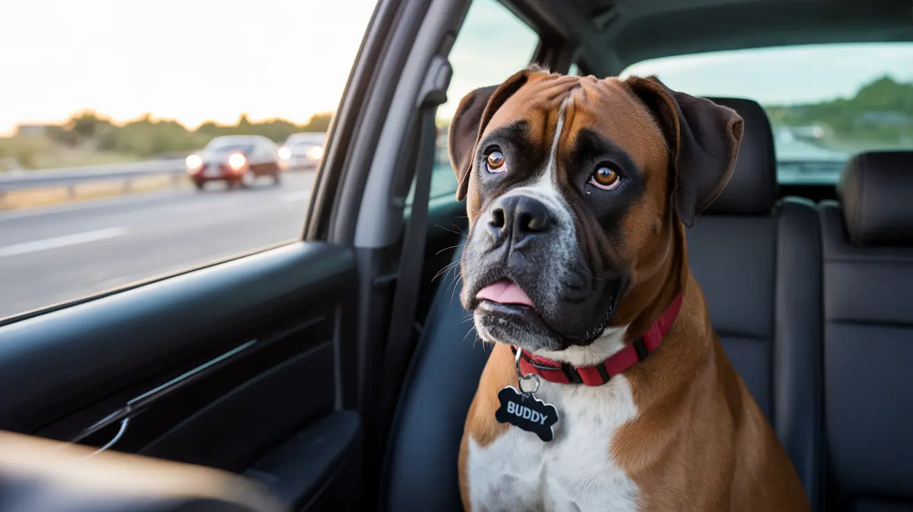 Boxer dog sitting alert in car passenger seat with tongue slightly out