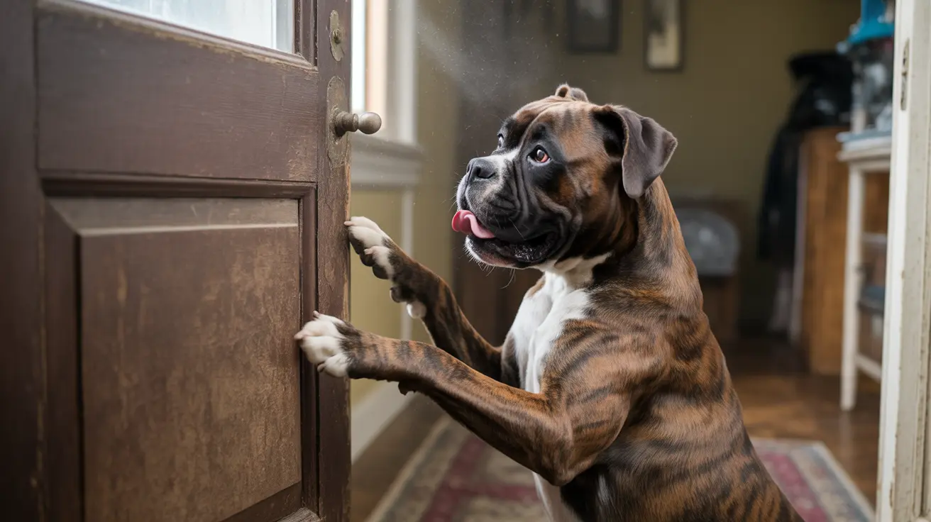 Boxer dog standing on hind legs pawing at a wooden door with an eager expression