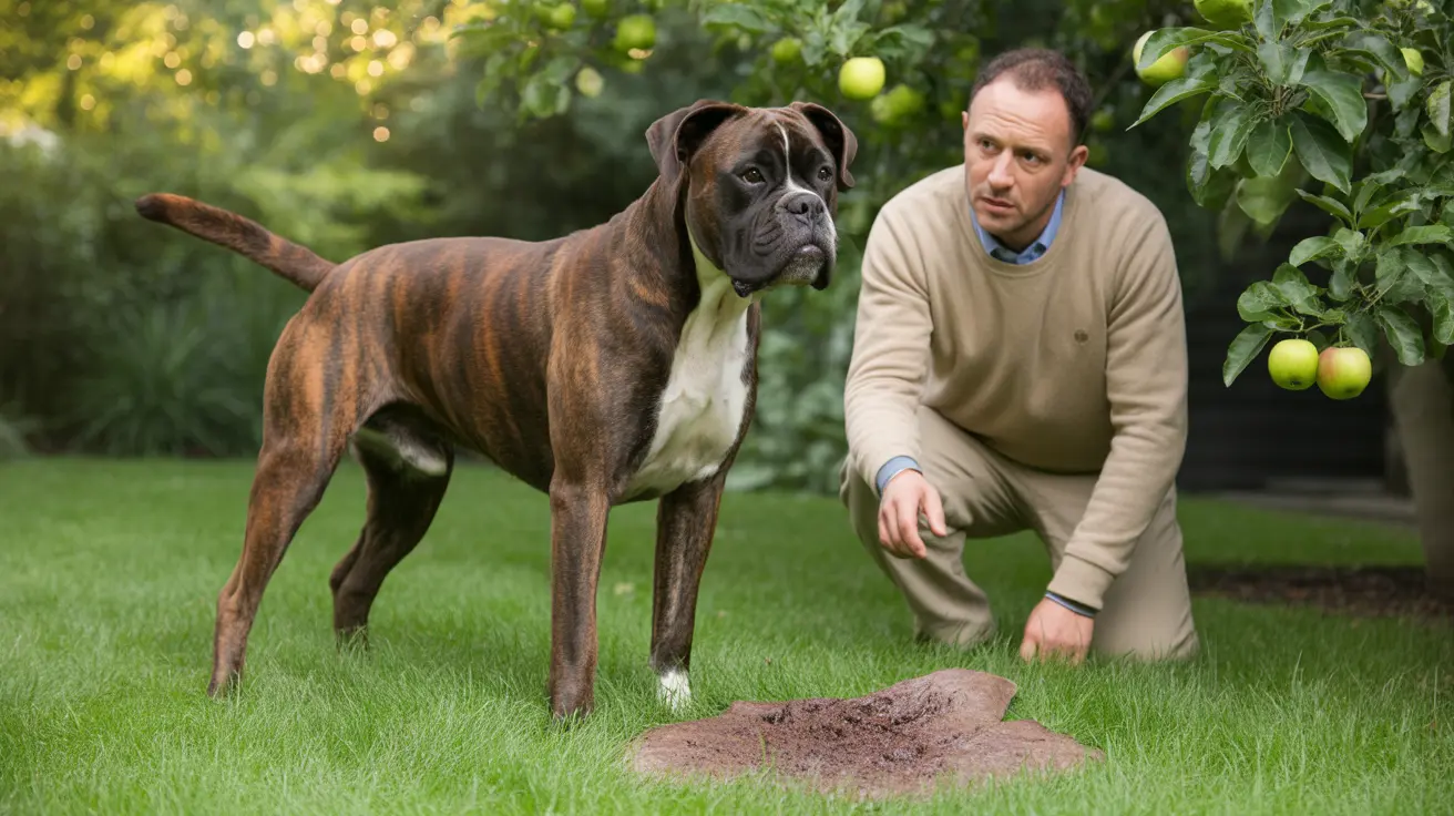 Strong Boxer dog standing beside a crouching person in a lush green garden with an apple tree in the background