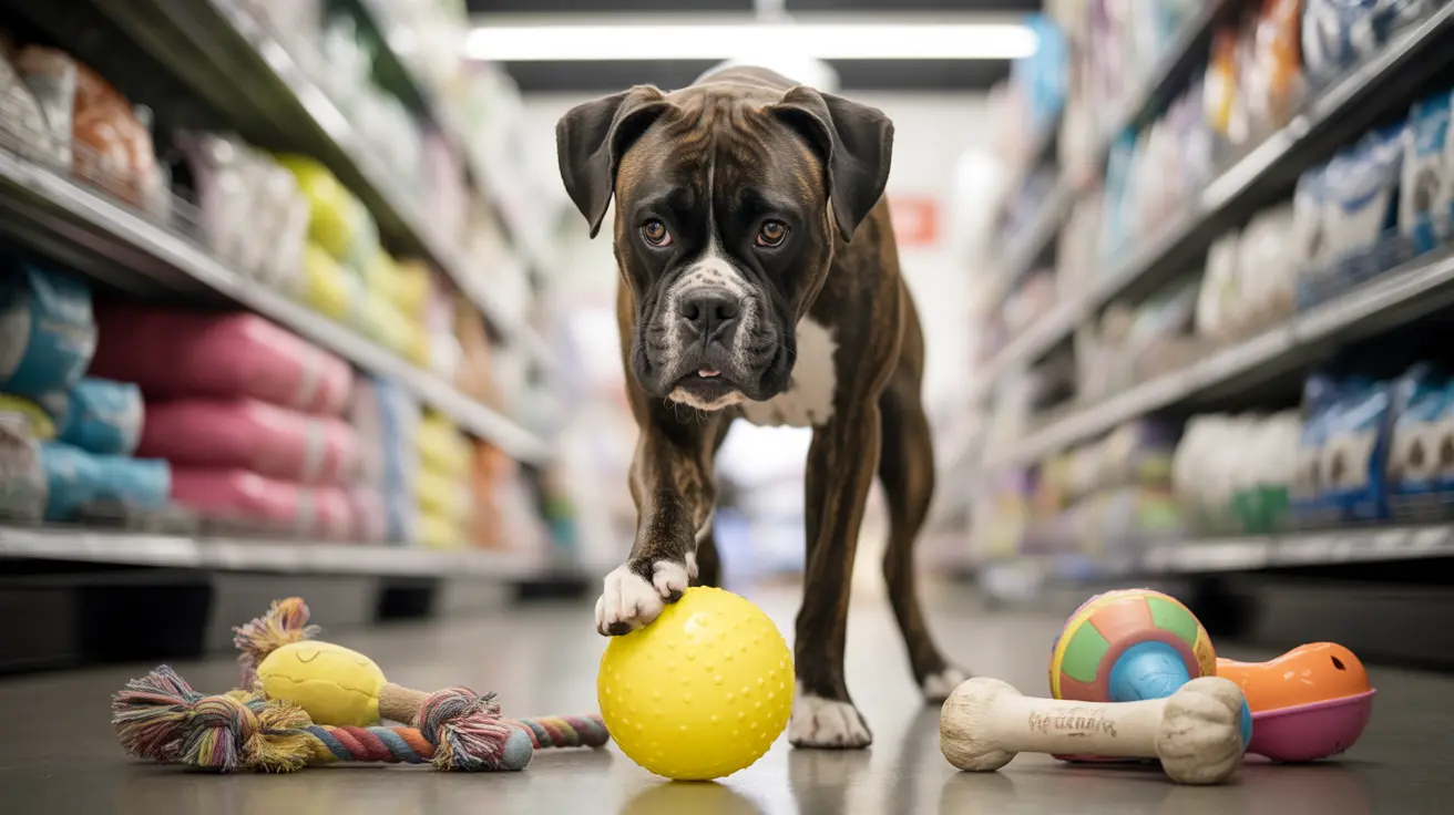 A Boxer dog standing in a pet store aisle with various colorful dog toys around him