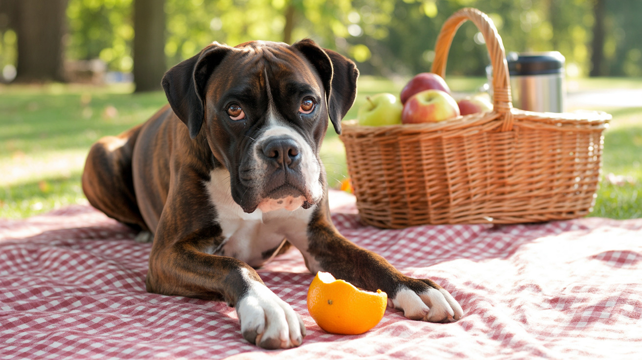 Boxer dog resting on a red and white checkered picnic blanket with a basket of fruit and a peeled orange nearby