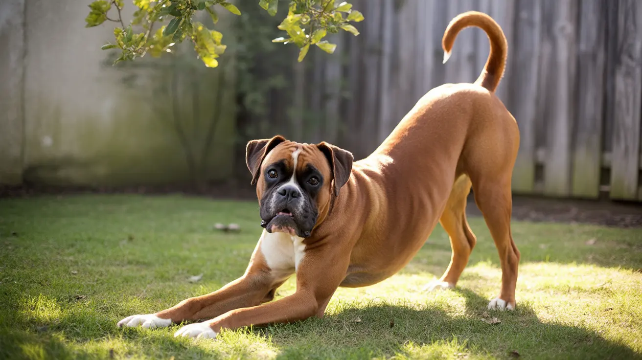 Boxer dog in play bow position on grass in sunny backyard