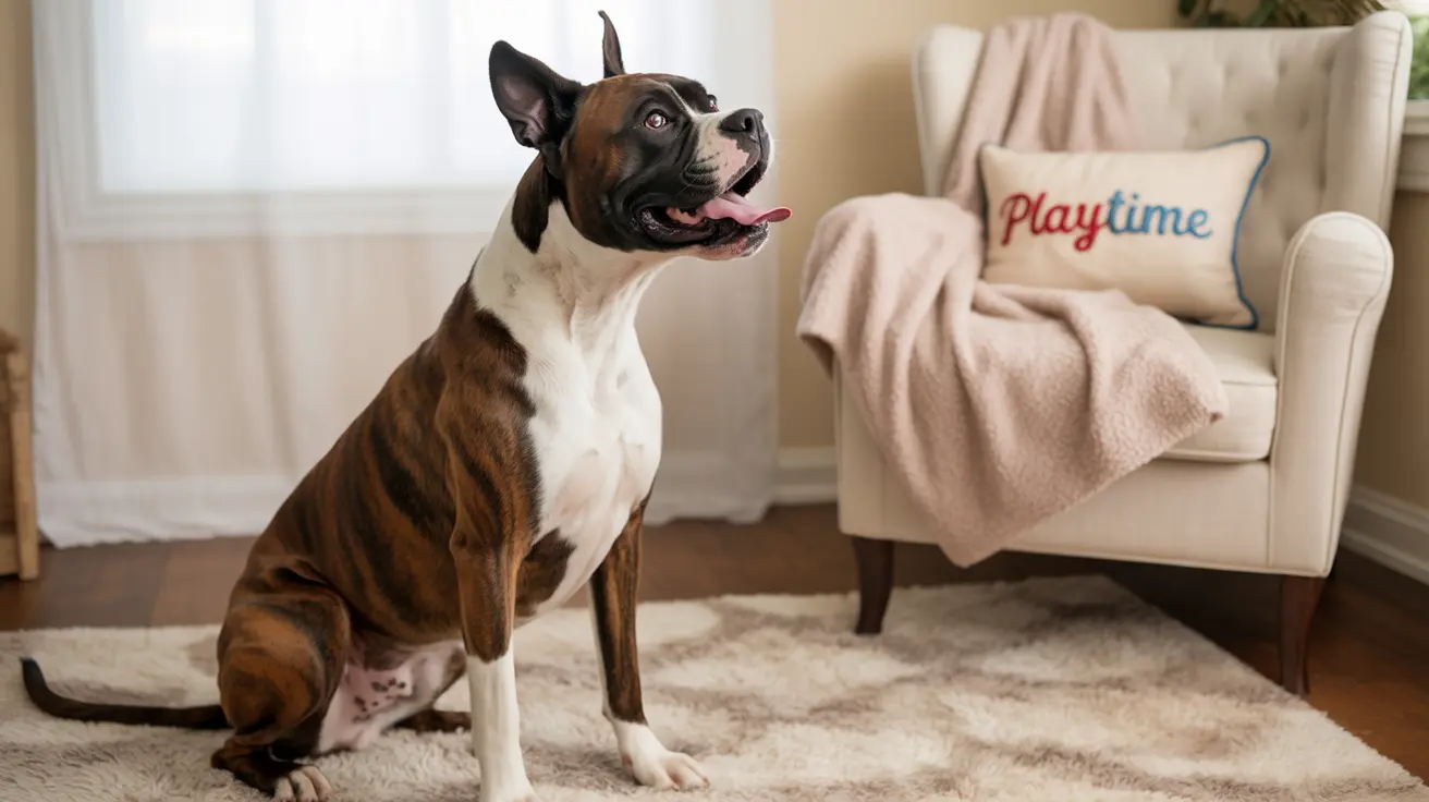 Playful Boxer dog sitting attentively on a beige rug near a cream armchair with a Playtime pillow