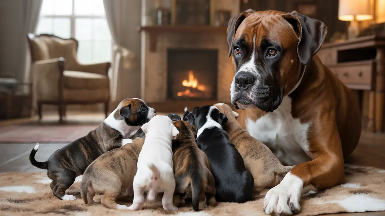 A large Boxer dog with several puppies nursing in a cozy living room with a fireplace