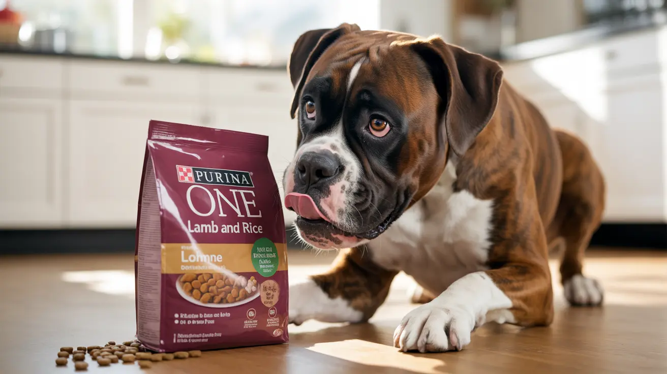 Boxer dog sitting beside a bag of Purina ONE Lamb and Rice dog food with kibble on the floor