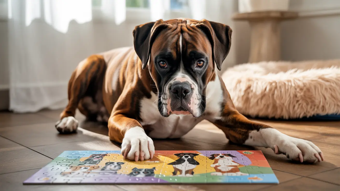 Boxer dog resting paw on colorful dog puzzle on wooden floor in bright living room