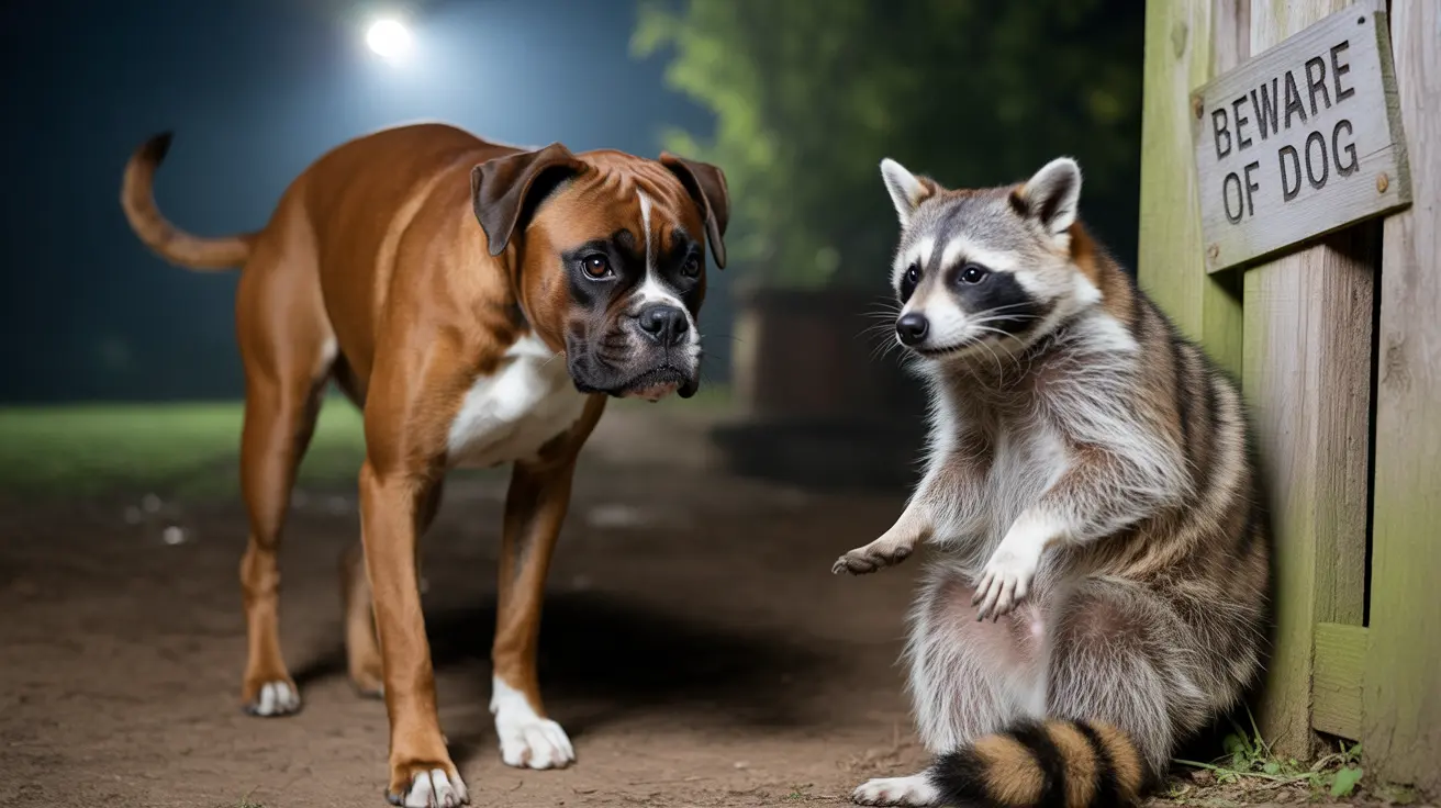 A Boxer dog standing next to a raccoon near a wooden fence with a 'Beware of Dog' sign at night