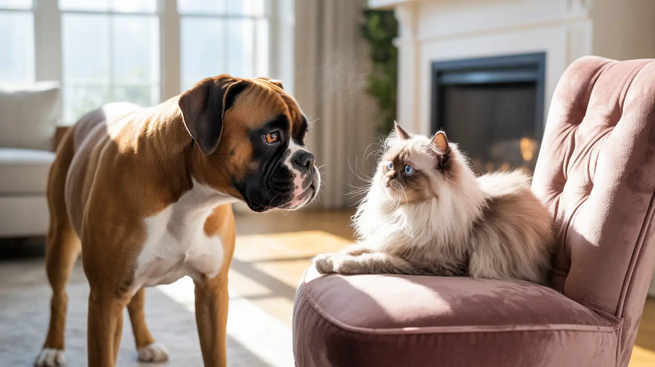 A Boxer dog and a Ragdoll cat facing each other in a cozy living room