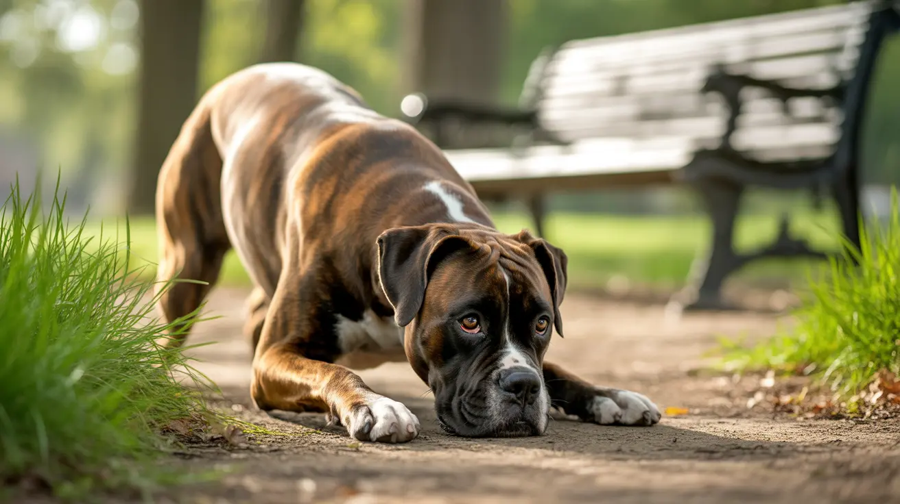 A Boxer dog lying down on a dirt path in a park, looking tired or relaxed.