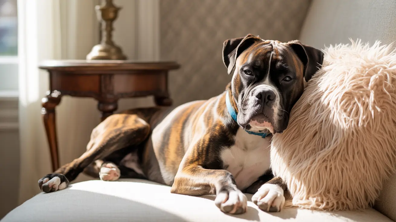 A dignified Boxer dog lounging on a soft chair near a window, looking alert and relaxed