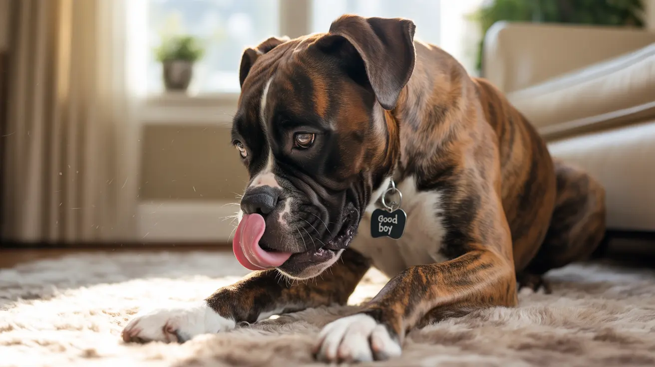 A Boxer dog sitting on a soft rug licking his chops with a playful expression