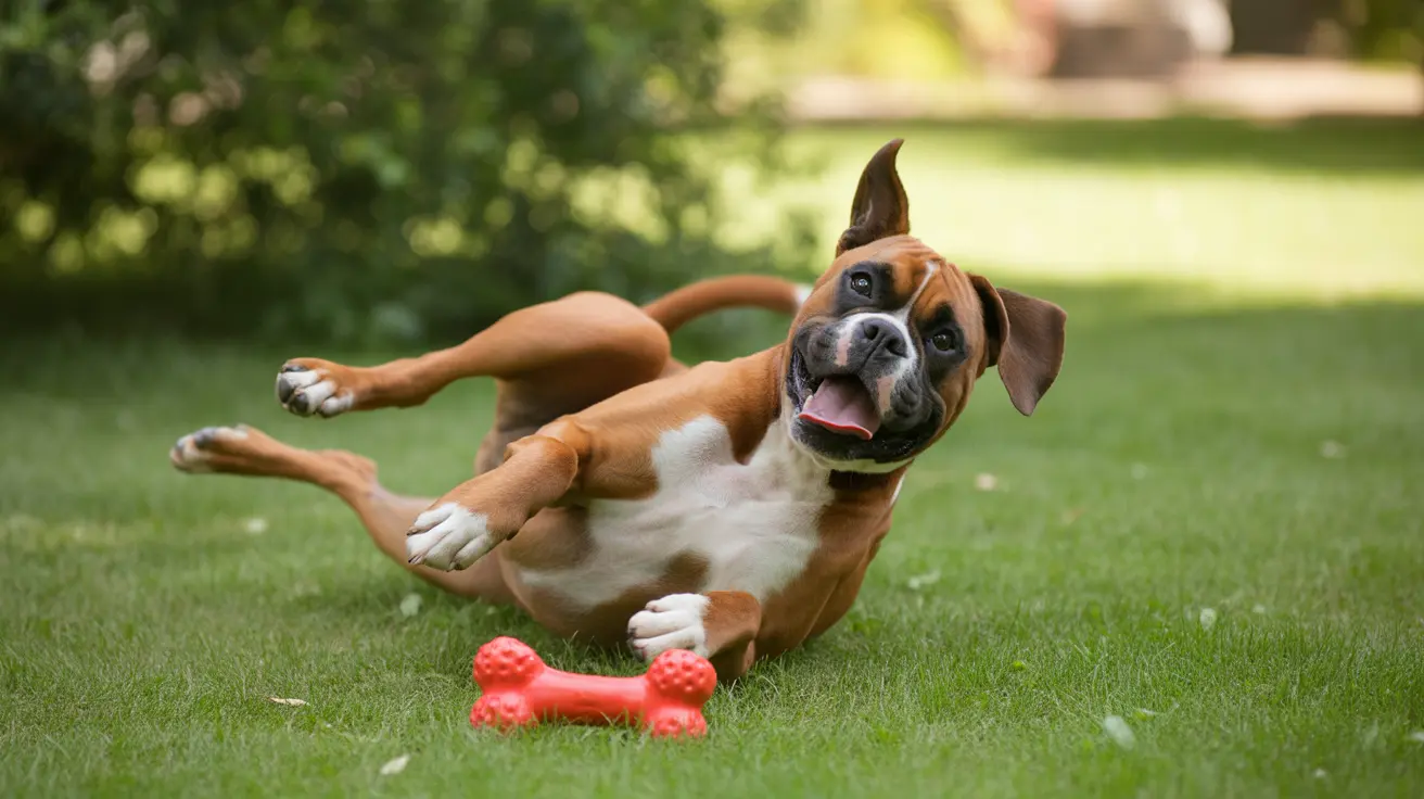 Playful Boxer dog running on grass with tongue out and red toy bone nearby