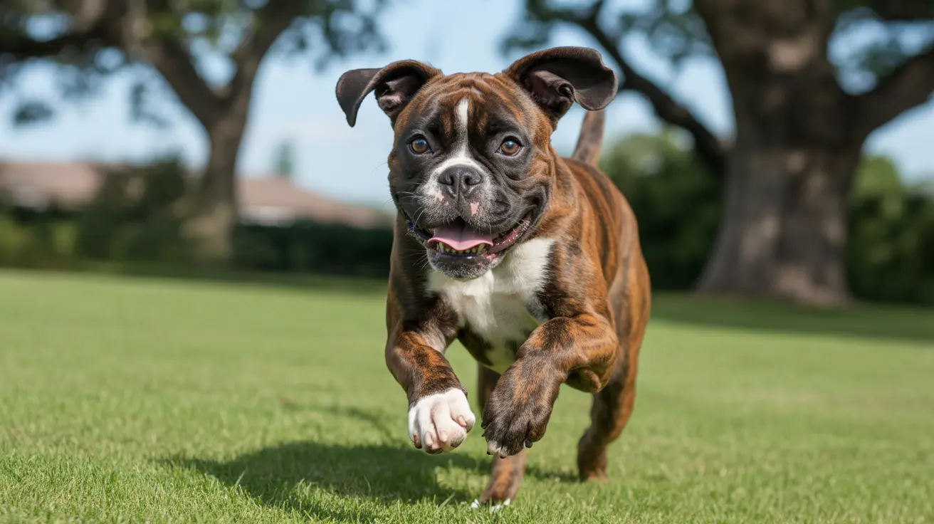 A Boxer dog running energetically across a lush green lawn, looking happy and active