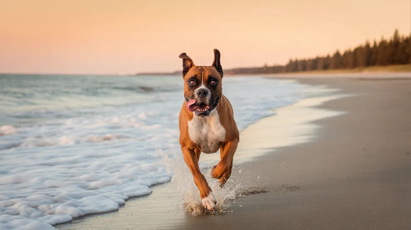 Boxer dog running energetically along the shoreline at sunset with a joyful expression