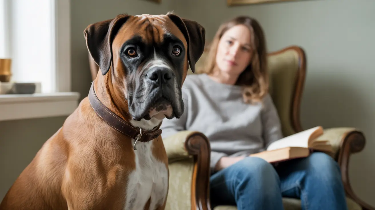A majestic Boxer dog sitting attentively with a person reading in the background