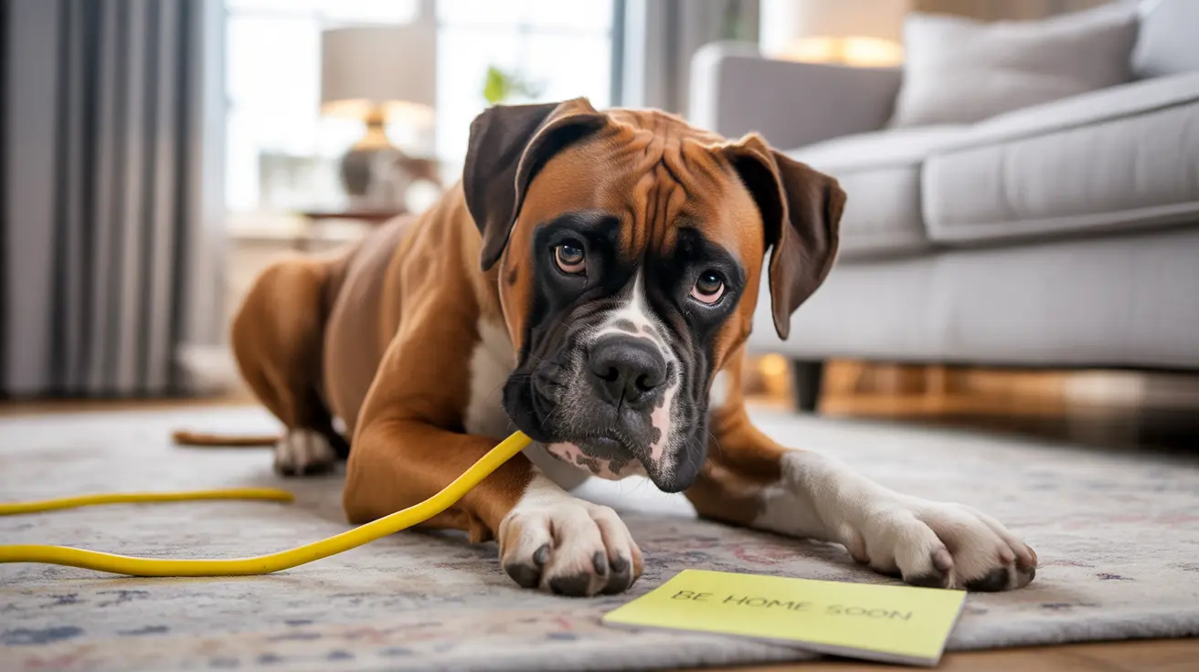 Boxer dog on rug with 'Be Home Soon' note, looking sad