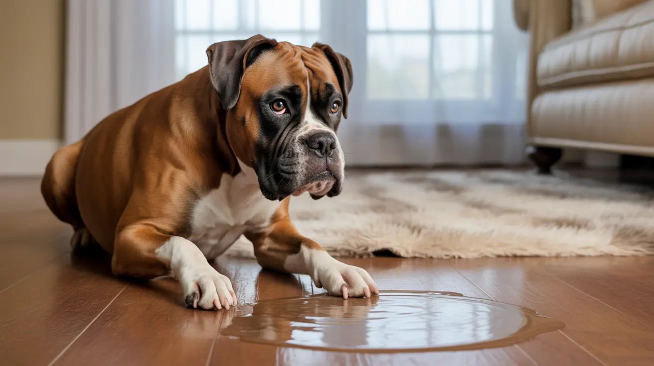 Boxer dog lying on wooden floor near a puddle of water, looking at the camera with a serious expression