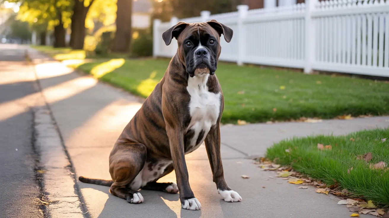 A strong and alert Boxer dog sitting attentively on a suburban sidewalk during golden hour