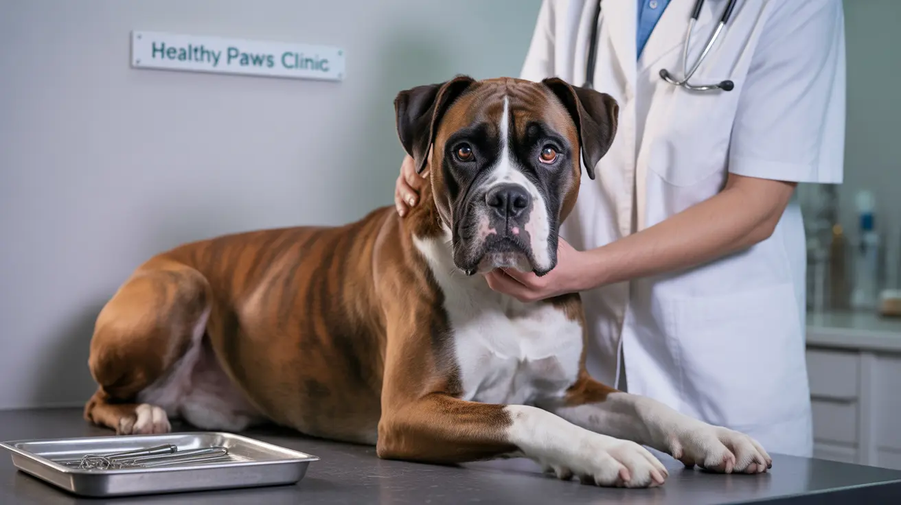 A Boxer dog receiving an examination at the Healthy Paws Clinic