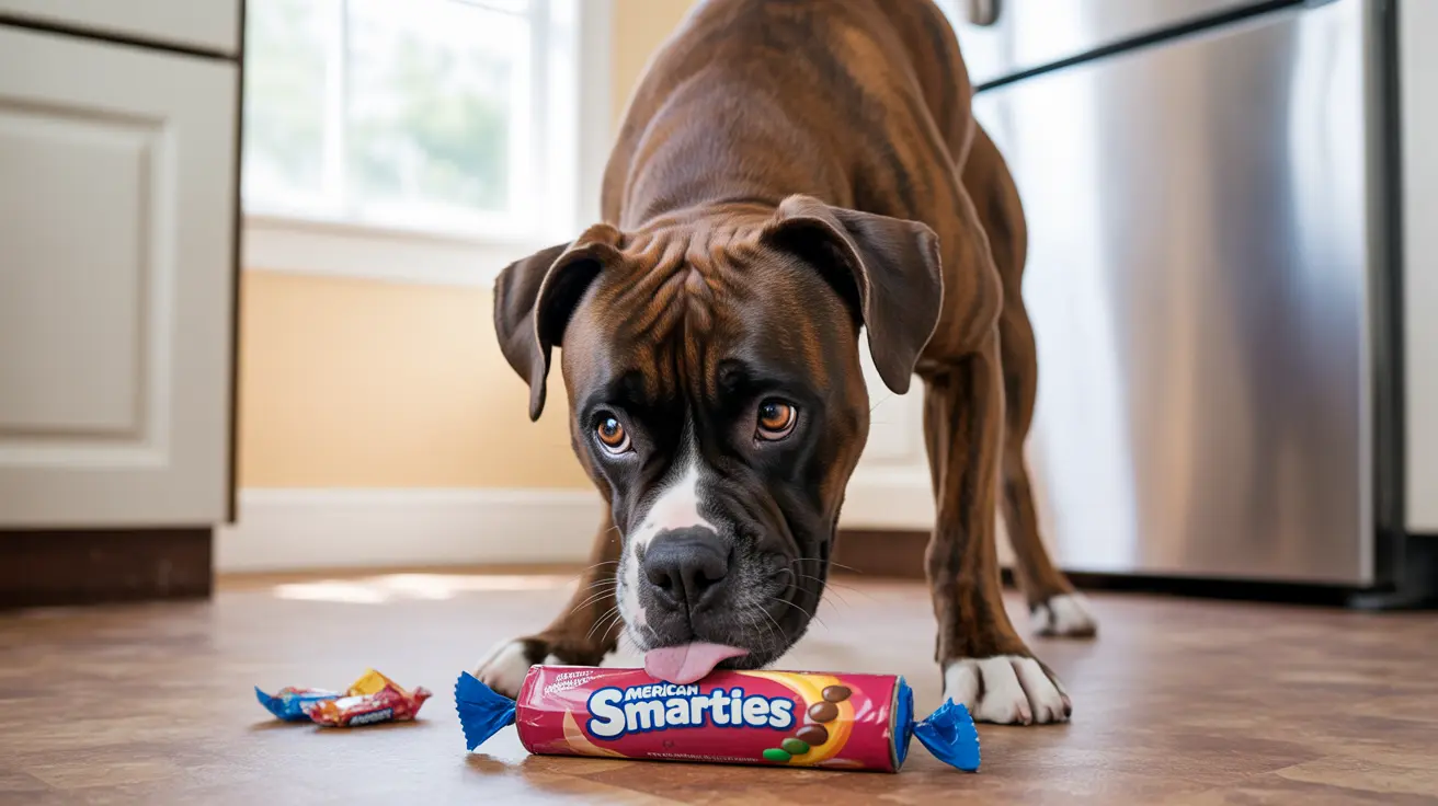 Boxer dog staring at American Smarties candy on kitchen floor