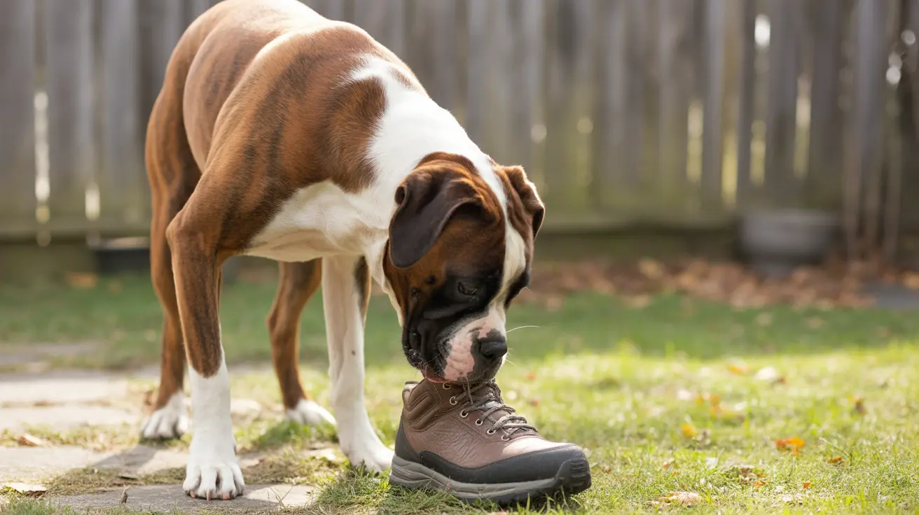 A Boxer dog sniffing a brown hiking boot in a backyard