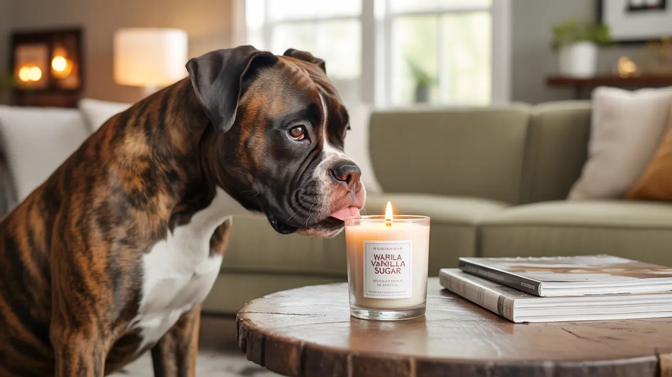 Boxer dog sniffing a lit Vanilla Sugar scented candle on a wooden coffee table in a cozy living room