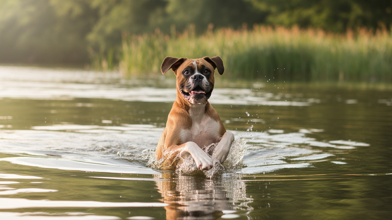 A happy Boxer dog splashing and playing in a tranquil lake surrounded by green reeds and vegetation