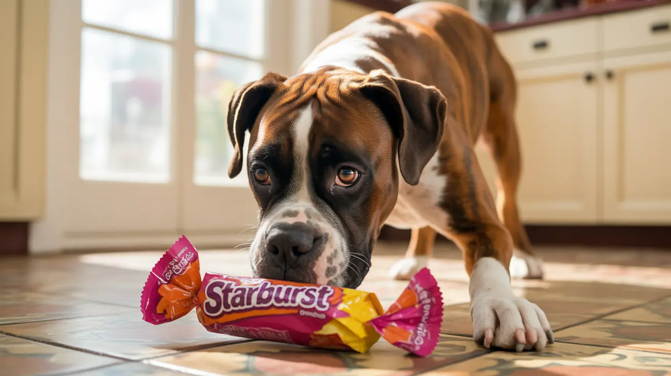 A Boxer dog sitting next to a Starburst candy with an intense, focused gaze