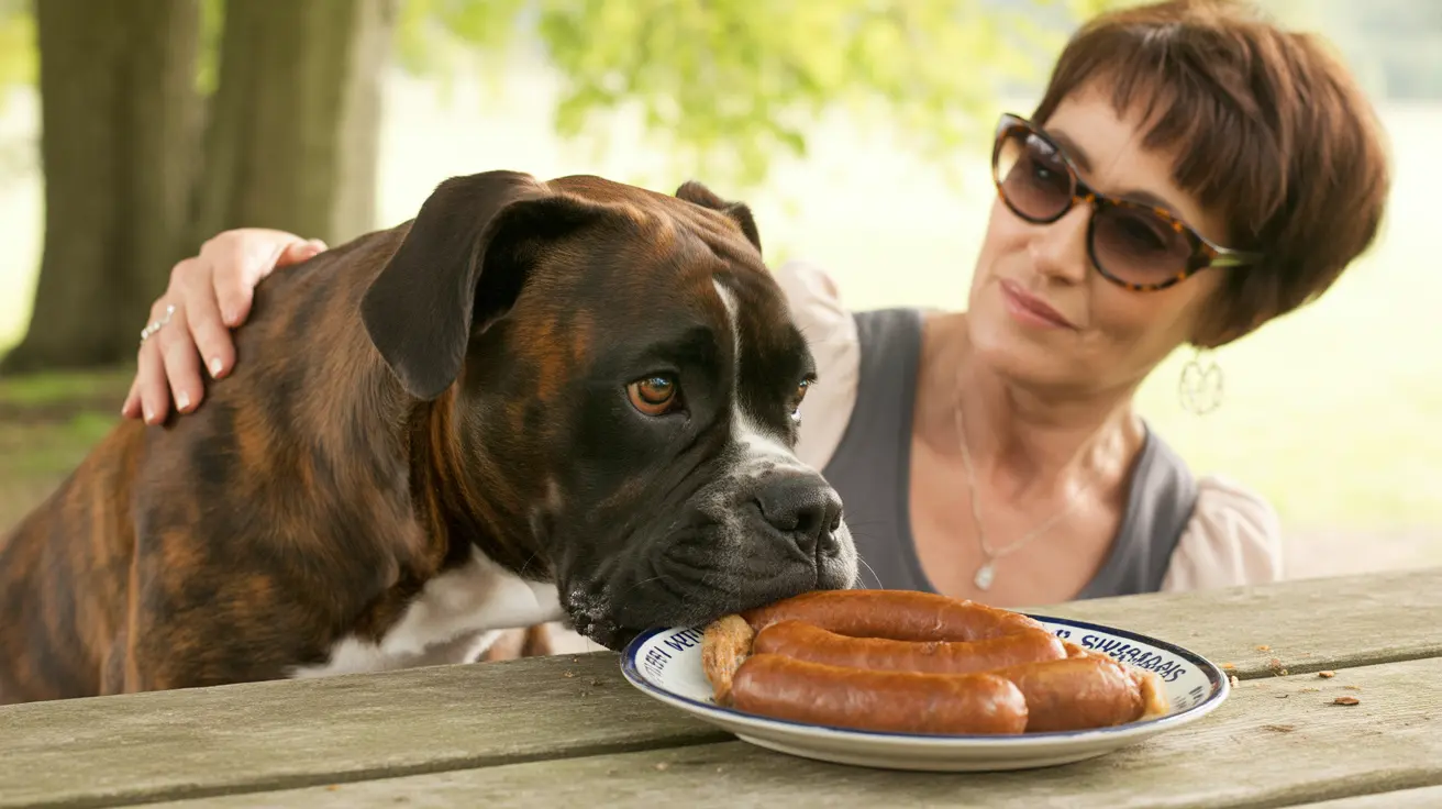 A Boxer dog staring intently at a plate of sausages with a person nearby