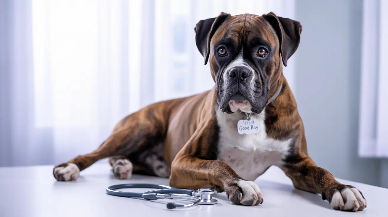 A dignified Boxer dog sitting with a stethoscope nearby, wearing a 'Good Boy' tag