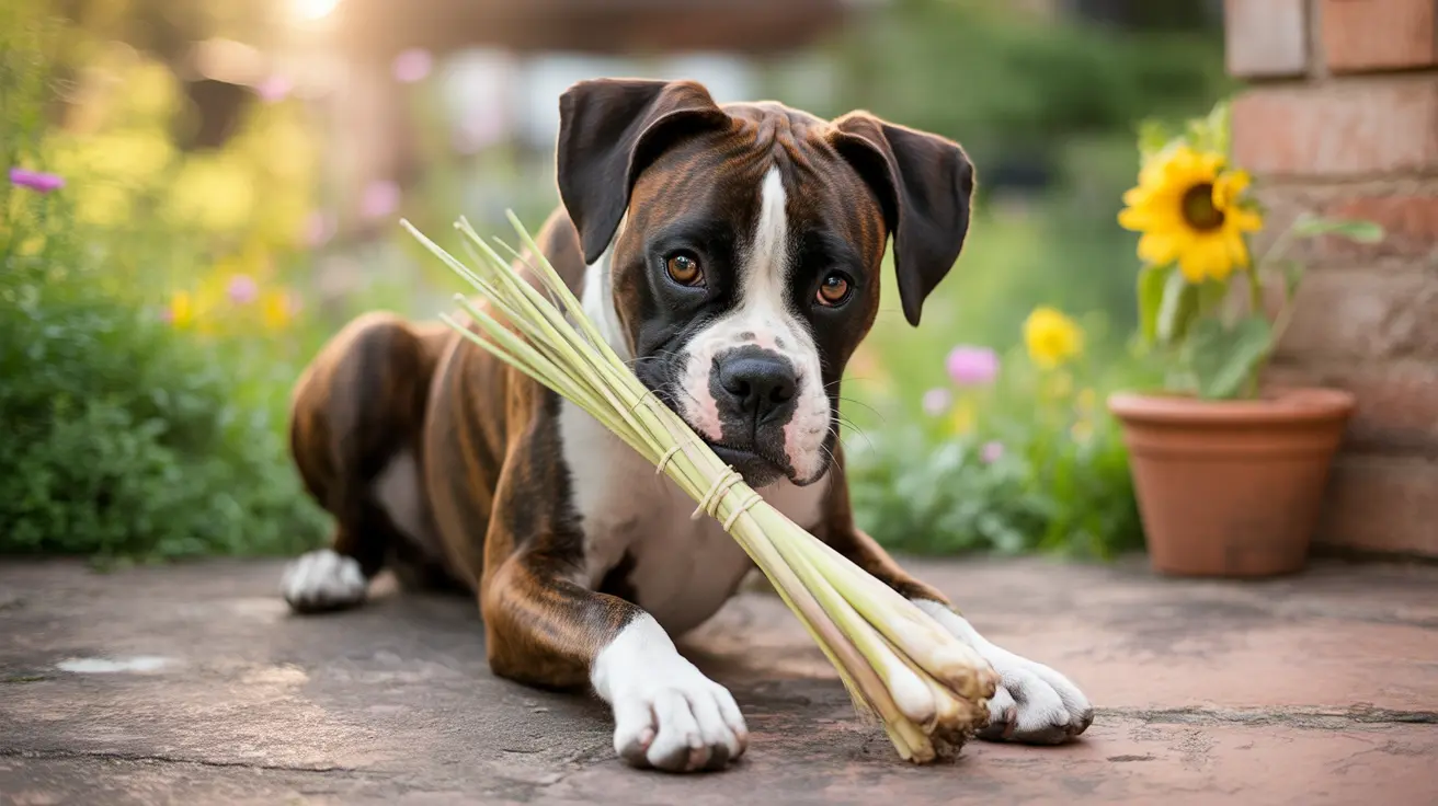 Boxer dog sitting on a stone patio holding a bundle of lemongrass in its mouth