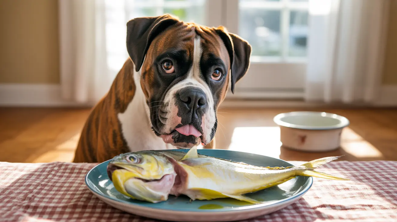 A Boxer dog sitting at a table with a whole fish on a plate, looking tempted and hungry